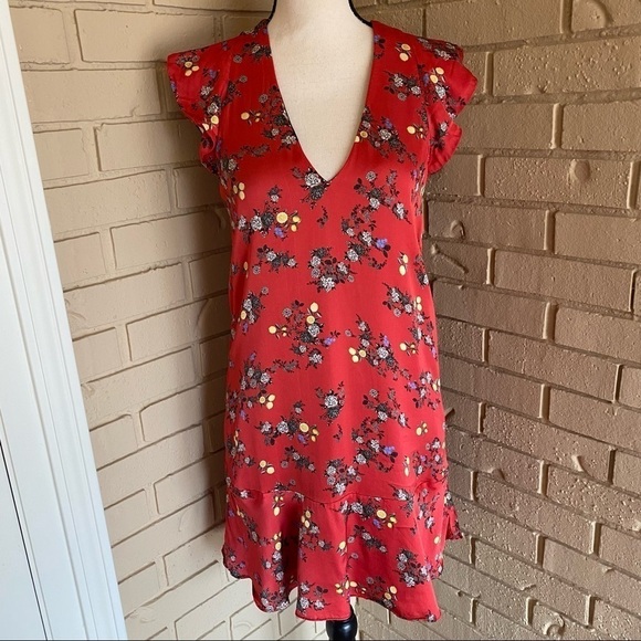 PAULA CAHEN D’ANVERS RED DRESS LEMONS FLORAL RUFFLES LINED SIZE 2 - Picture 1 of 9
